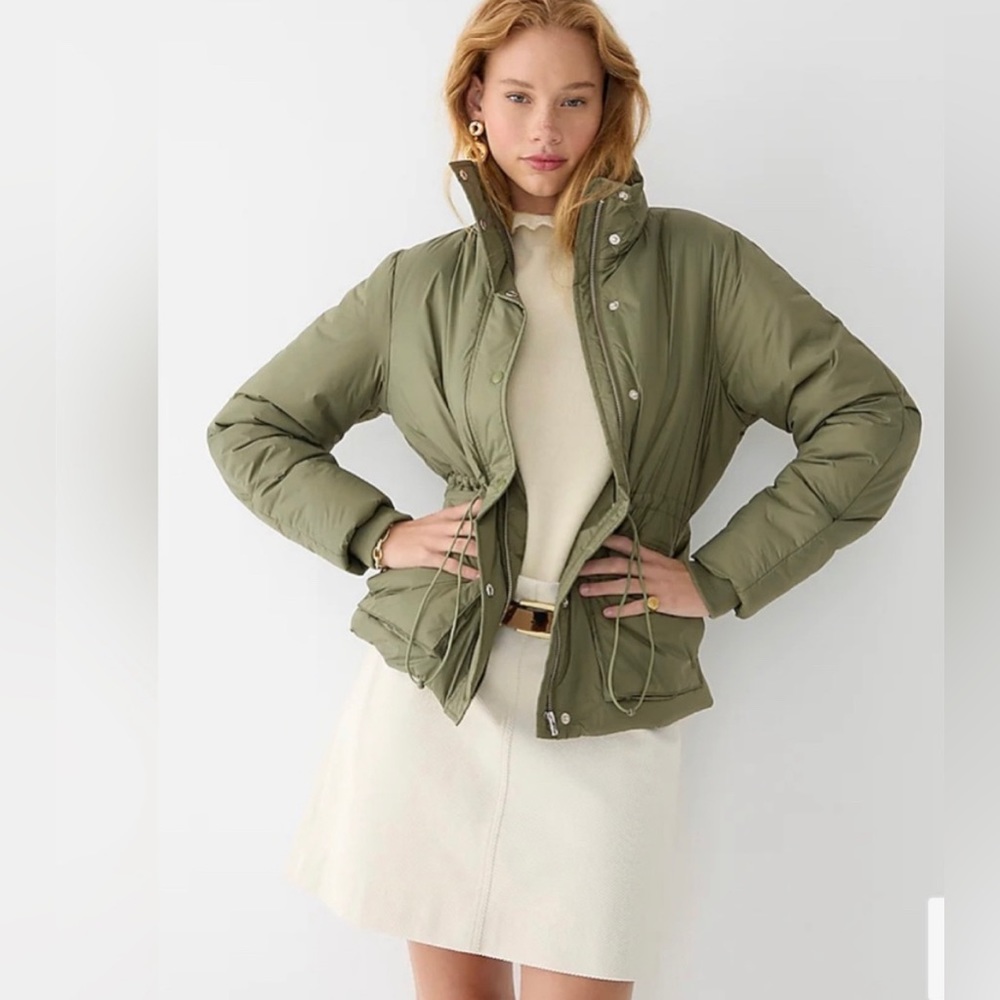 NWT Lightweight green Jcrew Cinched-Waist Puffer Jacket size Large